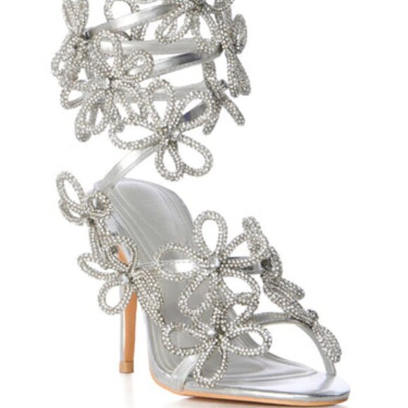 AZALEA WANG"SCULPTED PERFECTION" SILVER FLOWER EMBELLISHED COIL SANDAL(BRAND NEW - Picture 6 of 11